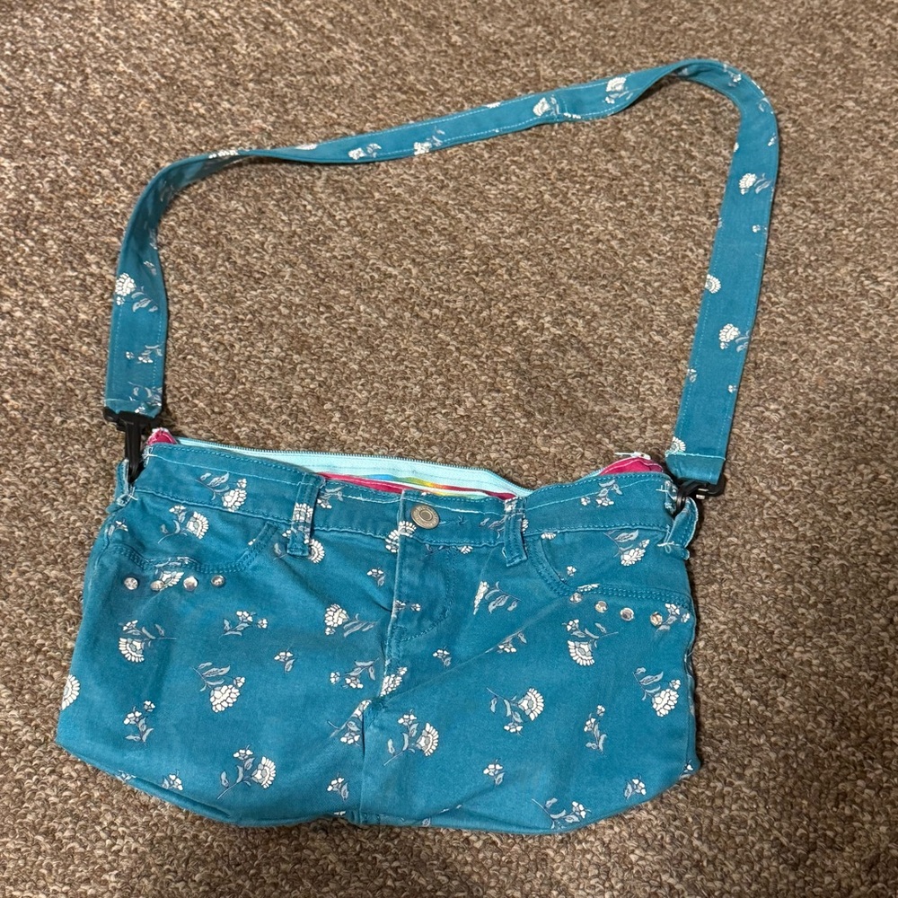 Old Navy Hand Made Teal Floral Crossbody Bag Purse Full Zip Hippie‎